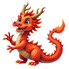 Fototapeta premium Cartoon red Chinese dragon with big eyes, horns. Fantasy character illustration with happy expression, sharp claws. Asian mythology monster, zodiac animal. Good luck mascot for New Year celebration,
