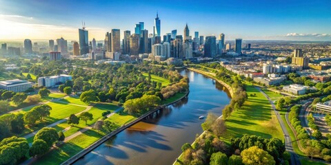 Fototapeta premium Drone view of Melbourne cityscape with river and green trees on a sunny day, Melbourne, cityscape, aerial view, drone, river