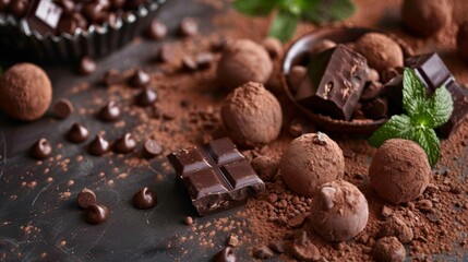 Assorted chocolate truffles and cocoa powder on a dark background