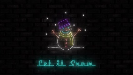 Animation of let it snow text over neon snowman - Powered by Adobe