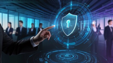 Digital security, cybersecurity interface, touch technology, holographic security, biometric authentication, secure access, data protection, interactive security, security visualization, cyber defense