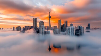 The serenity of the urban landscape is accentuated by the muted colors of the skyline as the fog envelops the towering buildings