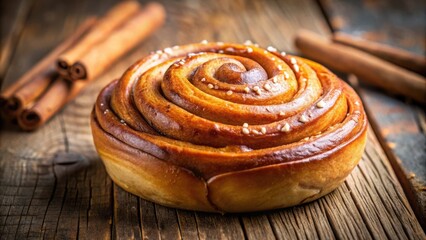 A freshly baked cinnamon roll, glistening with a sweet glaze, sits on a rustic wooden surface, inviting a taste of warm and comforting flavors.