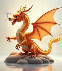 Fototapeta premium Golden dragon with wings, sharp claws stands on grey stones. Mythical creature stands above pool of water with head tilted to side. Dragon cheerful expression with big blue eyes. Image stylized with