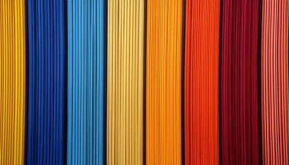 カラフルなストライプ模様が織り成す、オレンジ、青、黄色、赤の鮮やかなテクスチャ。ポップで活気にあふれた印象を演出。
