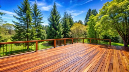 Freshly stained cedar wood deck surrounded by trees and under a clear spring sky , outdoor, home, deck, cedar wood, stained