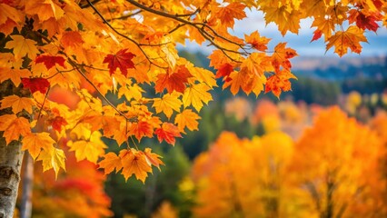 Obraz premium Yellow orange leaves on tree in Maine, foliage, autumn, fall, vibrant, nature, seasonal, New England, foliage, colorful