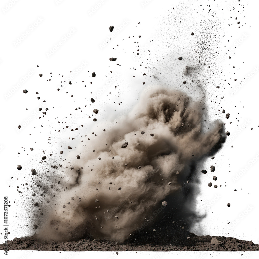 Poster dust and debris explode in mid-air. dirt cloud forms a mushroom shape. small rocks fly up, spray in 