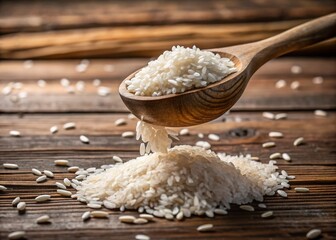 Captivating Macro Shot of White Rice Being Poured from a Wooden Spoon, Perfect for Food Photography and Culinary Art