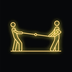 Yellow neon icon of two businessmen playing tug of war, pulling rope concept for business competition