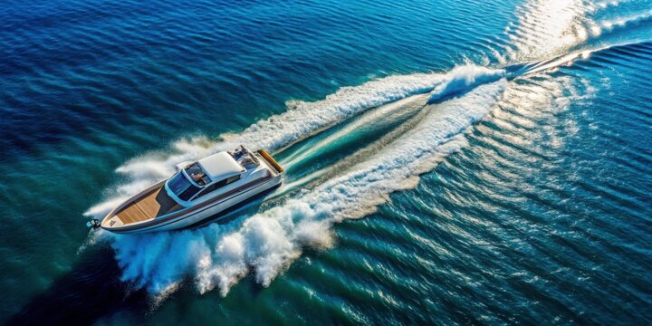 Aerial view of a speed motor boat racing across the open sea, speed, motor boat, ocean, water, adventure, adrenaline