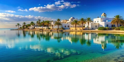 Obraz premium Serenity and beauty of Djerba Island in Tunisia paradise, beach, palm trees, turquoise waters, travel