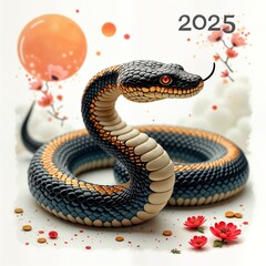 Obraz premium Black snake with orange scales, symbol of Chinese New Year 2025. Snake coiled on white background. Snake looks at camera. Perfect for greeting card, calendar, or poster.