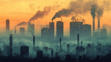 Pollution Over Cityscape at Sunrise