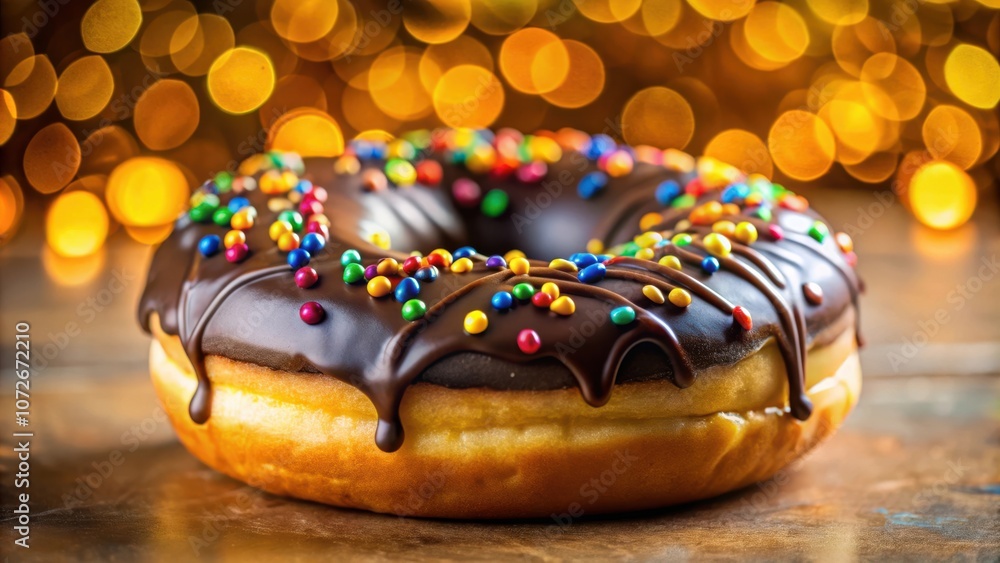 Poster a close-up of a chocolate glazed donut sprinkled with colorful sprinkles, set against a background o