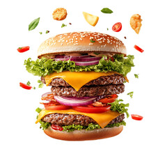 Cheeseburger with Vegetables and Sauce Isolated on a Transparent Background, PNG
