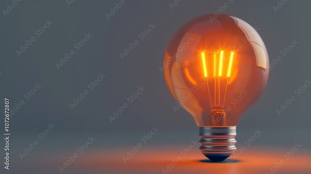 Poster an orange inflatable 3d lightbulb with a glowing filament and realistic shadows symbolizing creativi