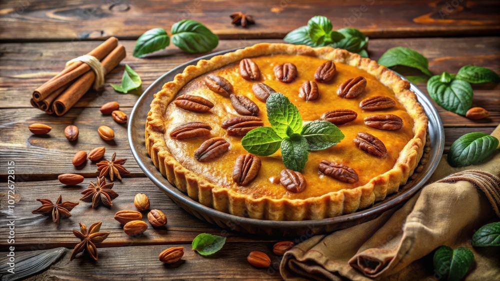 Poster a golden pecan pie with a flaky crust, adorned with fresh mint, resting on a rustic wooden table sur