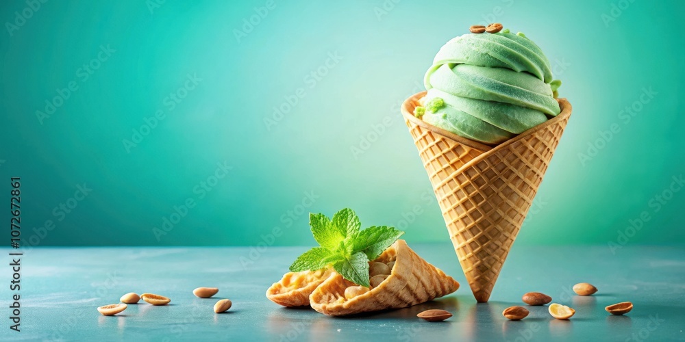 Poster a refreshing scoop of pistachio ice cream in a waffle cone with a sprig of mint and scattered pistac