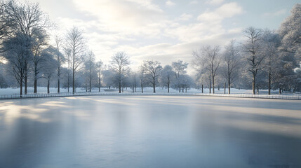 A serene morning scene of an empty ice rink surrounded by snow, waiting for skaters.