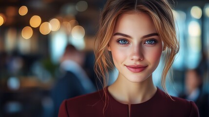 Obraz premium A woman with long brown hair and blue eyes is smiling at the camera. She is wearing a red dress and has her hair pulled back into a bun. The image has a warm and friendly mood