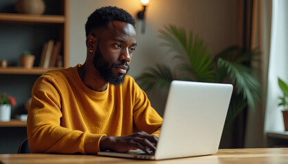 Focused Man Working on Laptop at Home