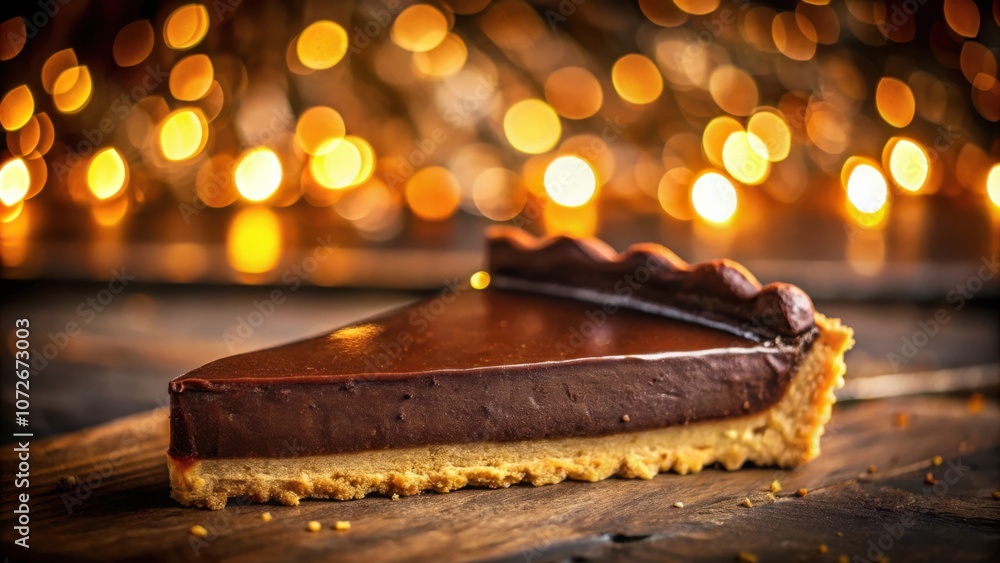 Poster A Slice of Decadent Chocolate Tart on a Rustic Wooden Board with a Warm Glow of Bokeh Lights in the Background