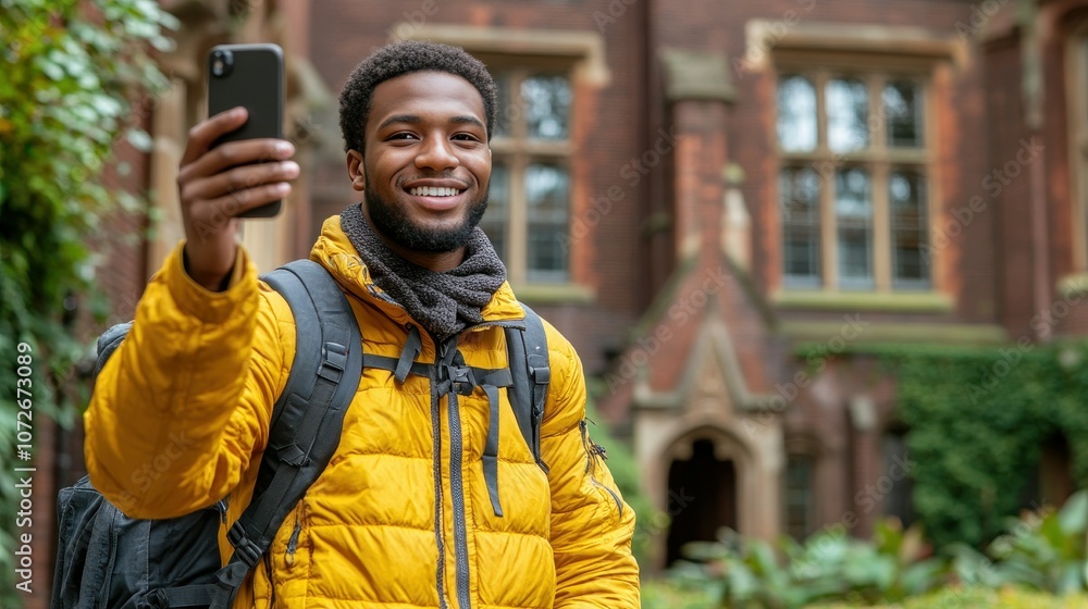 Poster a man in a yellow jacket is smiling and taking a picture of himself with his cell phone. he is weari