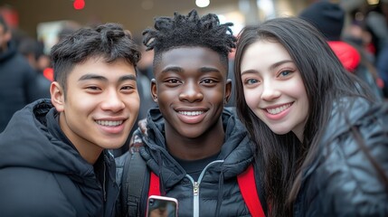 Three people smiling for a picture. One of them is wearing a red jacket. The girl is smiling and the other two are smiling as well