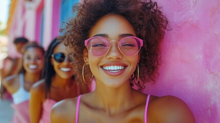Obraz premium A woman with a pink shirt and glasses is smiling at the camera. She is surrounded by three other women, all wearing pink. Scene is cheerful and friendly