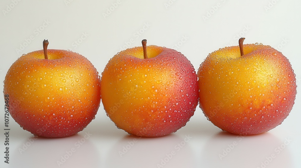 Poster three apples are sitting on a white background. the apples are shiny and red, and they are positione