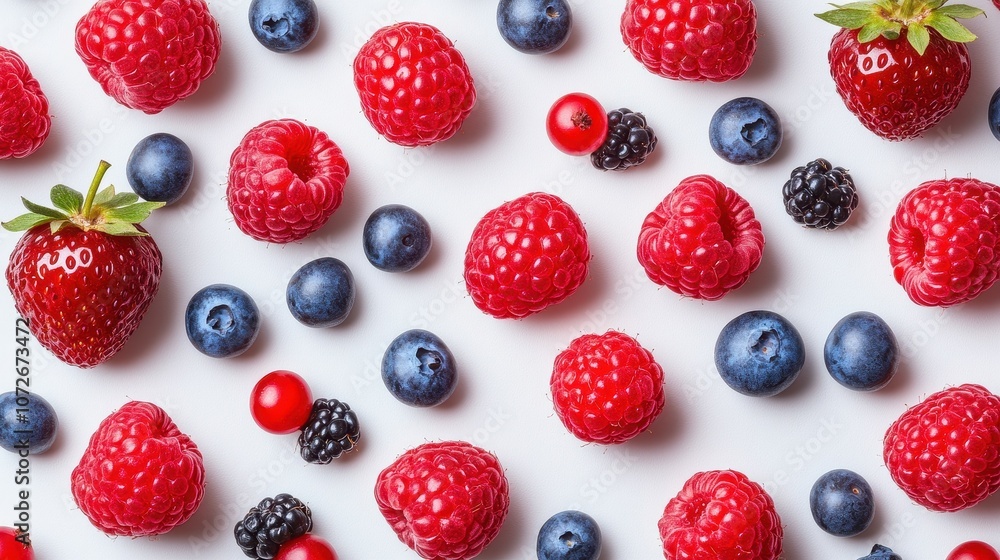 Poster a close up of a bunch of red berries including raspberries and blueberries. the berries are arranged