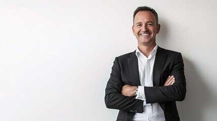Cheerful Smiling Businessman Standing Confidently Isolated on Plain Background Representing Professionalism and Positivity in Modern Business Environment