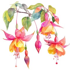 Watercolor Yellow Fuchsia Isolated on White Background. Beautiful Fuchsia Flower