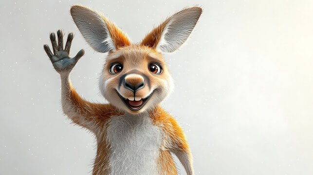 A joyful cartoon kangaroo with a big smile on its face is happily waving one arm in the air, showcasing its adorable and playful nature