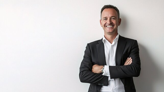 Cheerful Smiling Businessman Standing Confidently Isolated on Plain Background Representing Professionalism and Positivity in Modern Business Environment