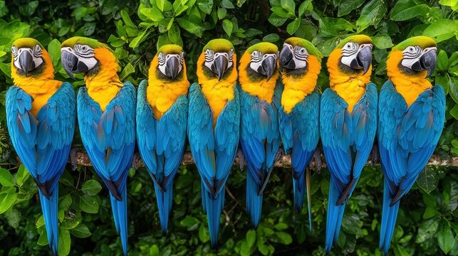 A group of colorful parrots are perched on a branch. The birds are of different sizes and colors, with some being blue and others yellow. Concept of harmony and beauty