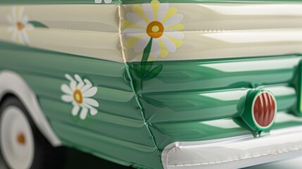 A retro green and white inflatable camper with a personalized license plate and flower decals for a fun wholesome vibe.