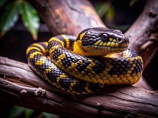 Obraz premium Captivating Portrait of a Yellow and Black Snake Wrapped Around a Branch in a Lush Green Environment, Showcasing Intricate Scales and Natural Beauty in Close-Up Focus