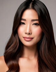 Naklejka premium Radiant Beauty: A captivating portrait of a young Asian woman with long, flowing dark hair, exuding natural beauty and confidence. Her radiant smile and flawless complexion illuminate the frame.