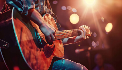 Obraz premium USA American country musician on stage performing hit song with acoustic guitar