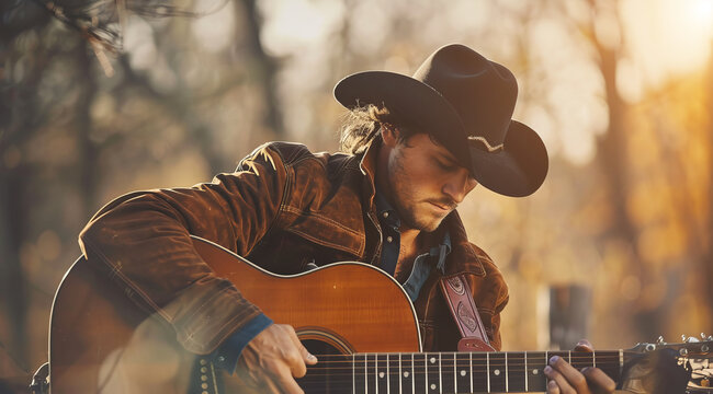 USA American country musicians in a traditional cowboy hat and acoustic guitar