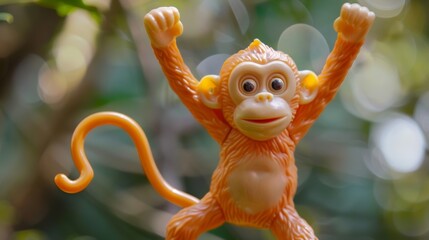 A silly plastic monkey toy with stretchy limbs ready to hang and swing from anything it can grab onto.