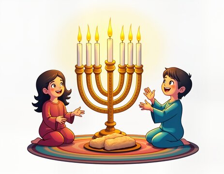 kids celebrating hanukkah with menorah and candles clip art preview