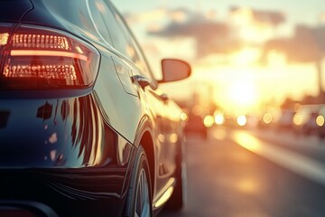 A black car is parked on a street with a sunset in the background