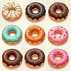 Set of nine various colorful glazed donuts with sprinkles. Pastry with chocolate, white and pink icing. Sweet dessert food isolated on background. Bakery product.