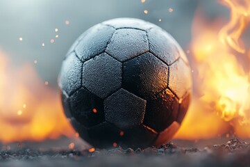 Naklejka premium A black soccer ball is sitting on a pile of ash and fire