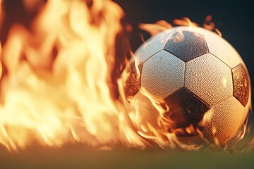 A soccer ball is on fire, surrounded by flames