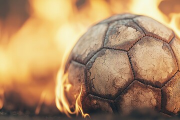 A soccer ball is on fire and is surrounded by flames