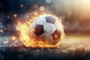Fototapeta premium A soccer ball is on fire and surrounded by flames